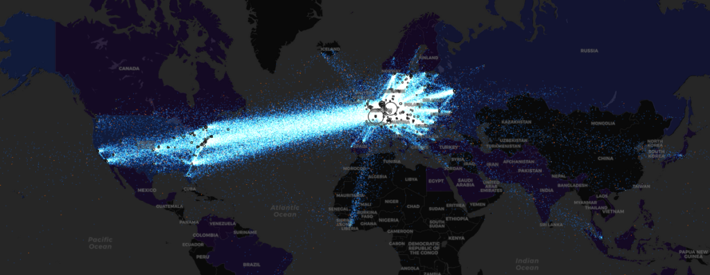 Visualization of TOR network, showing packets flowing largely between Europe and the US.