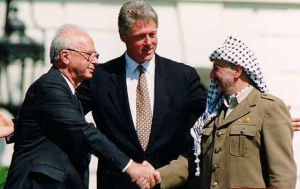 Prime Minister Itzak Rabin, Chairman Yasser Arafat and President Bill Clinton.
