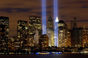 Photo of two beams of light where the Towers stood from Liberty State Park, N.J., on Sept. 11, 2006, the five year anniversary of 9/11. (U.S. Air Force photo/Denise Gould)